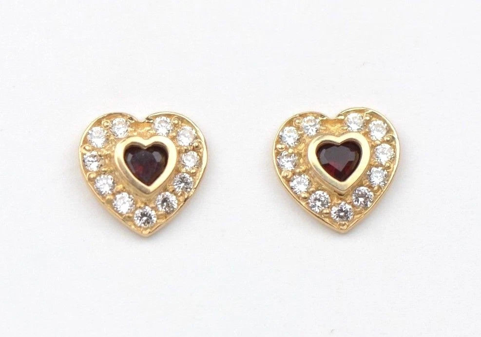 14K Yellow Gold Birthstone Heart with CZ Stud Earrings Screw Back
