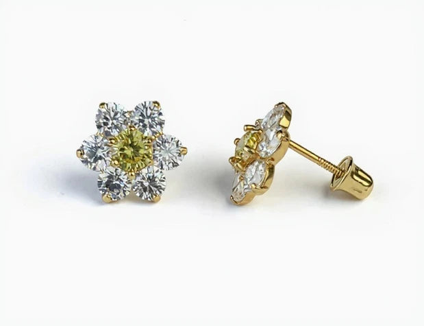 14k Yellow Gold Beautiful Flower Shaped Screw Back Earrings for Women
