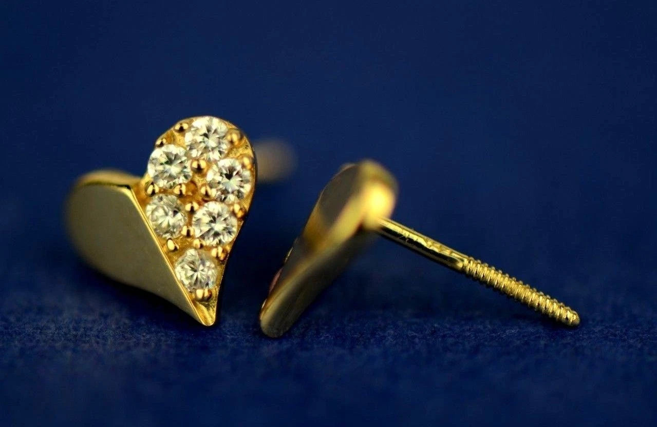 14K Yellow & White Gold Beautiful Heart Shape CZ Stud Earrings for Women