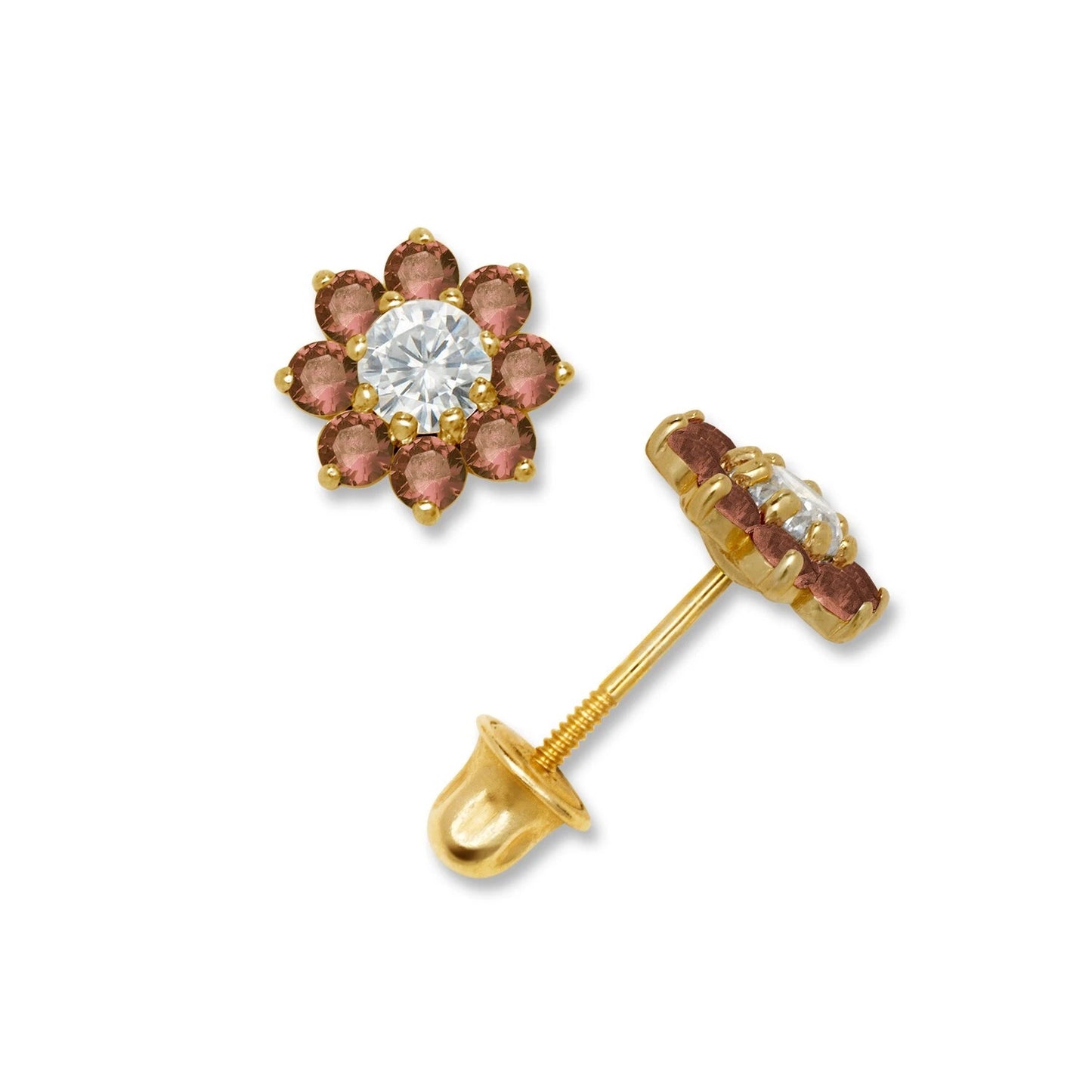 14K Yellow & White Gold Small Beautiful CZ Flower Stud Earrings for Girls
