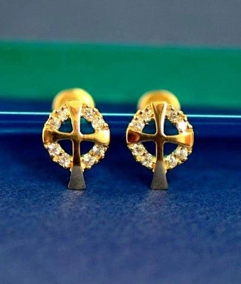 14K White or Yellow Gold Cross CZ Stud Earrings