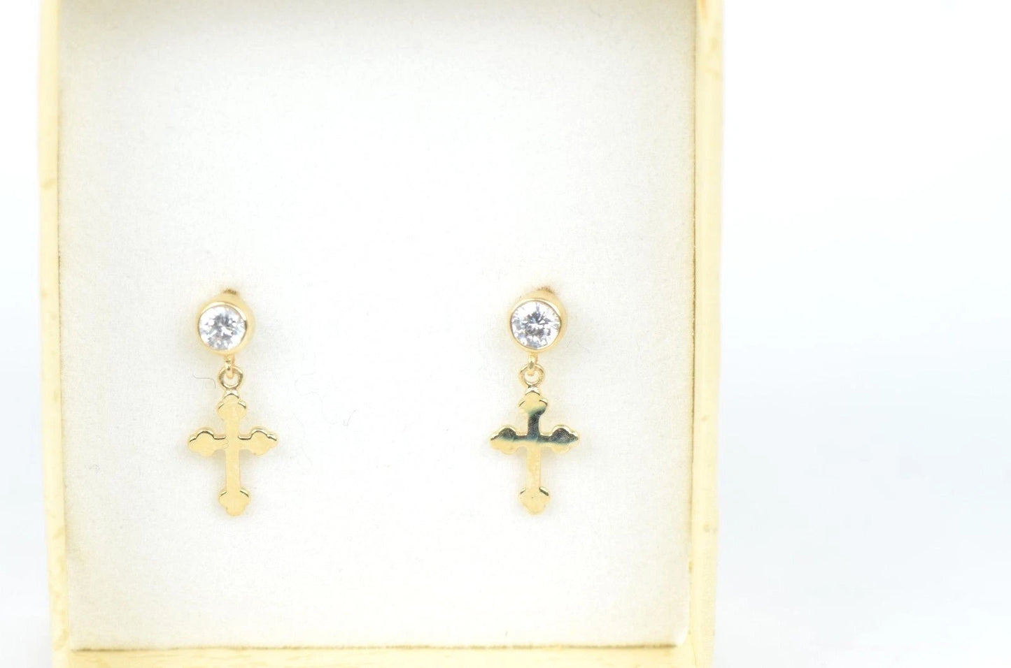 14K Yellow White Gold Cubic Zirconia CZ Cross Dangle Earrings
