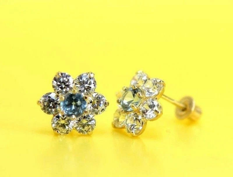 14k White Gold Flower Stud CZ Earrings screw back