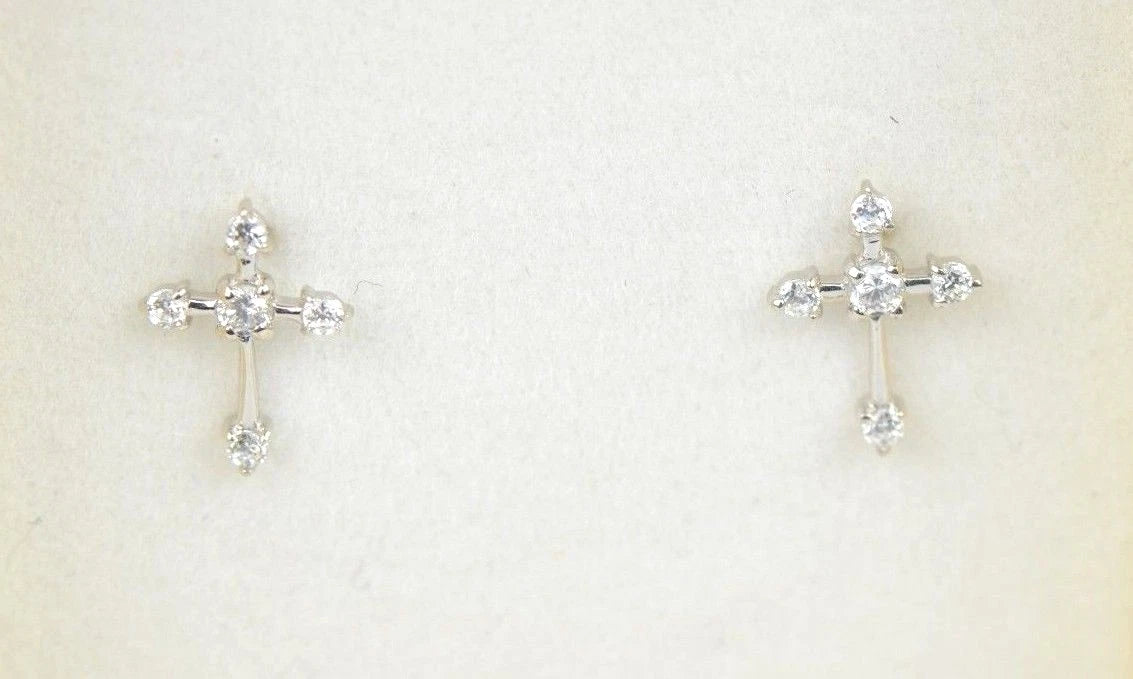 14K Yellow White Gold Cubic Zirconia CZ Cross Earrings