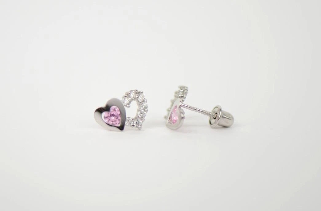 14K White Gold Double Heart Earrings