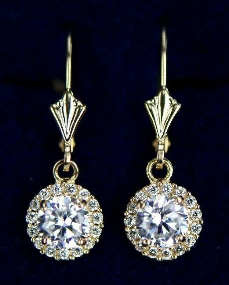 14k Yellow Gold Halo Dangle Round Leverback Pierced Earrings Birthstone