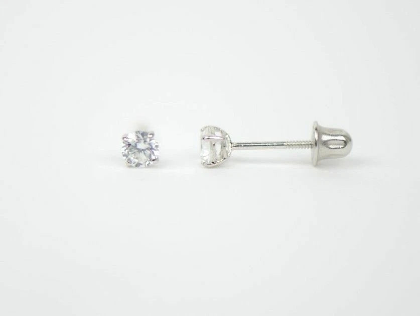 CZ Stud Earring Round cut in 14k white gold Screw back