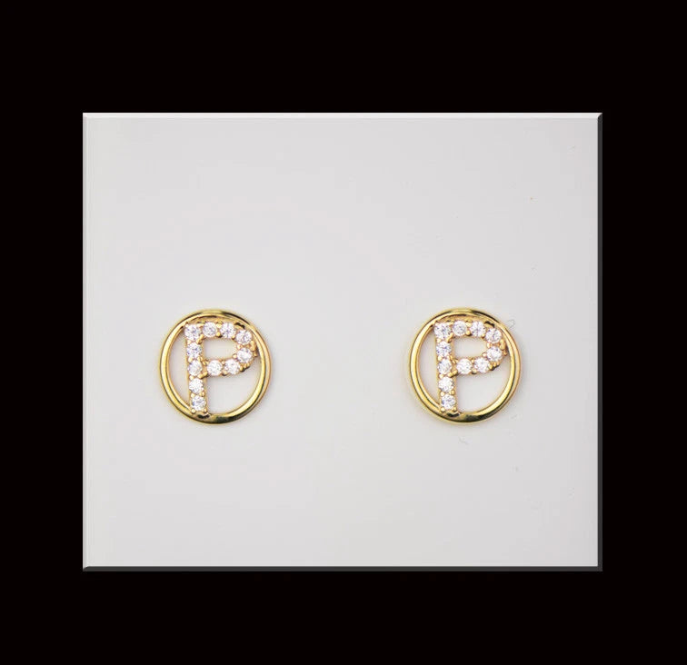 14k Yellow or White Gold Round Initial Letters CZ Stud Earrings