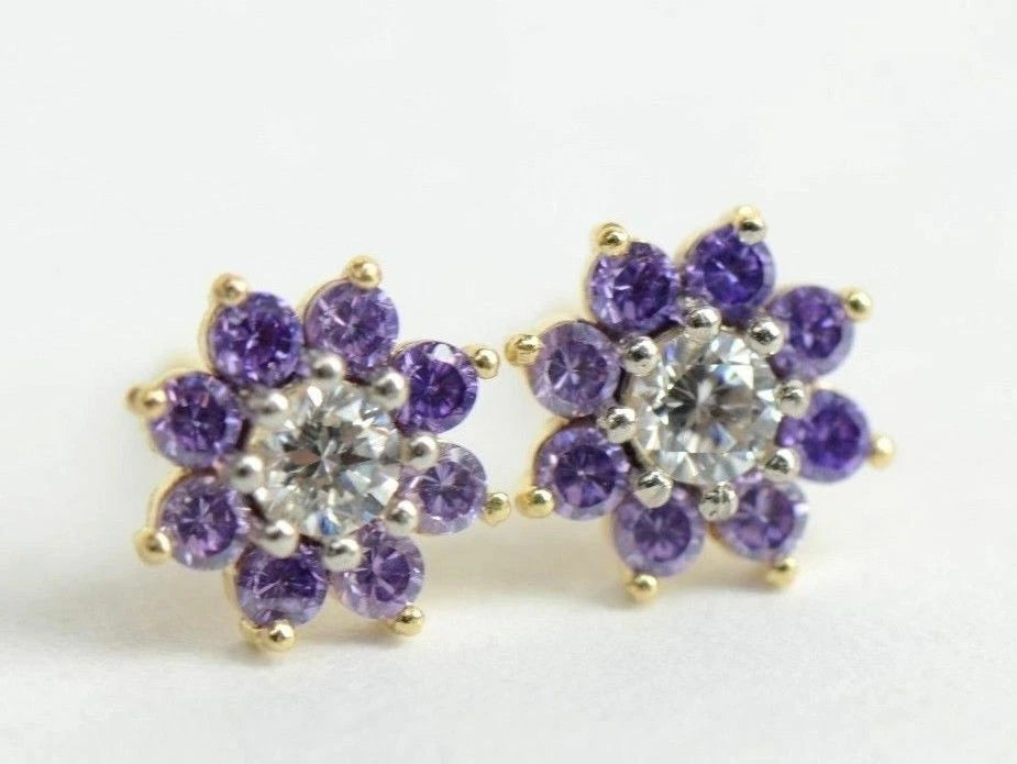 14k Yellow Gold Flower Stud Earrings with  Birthstone Screw Back