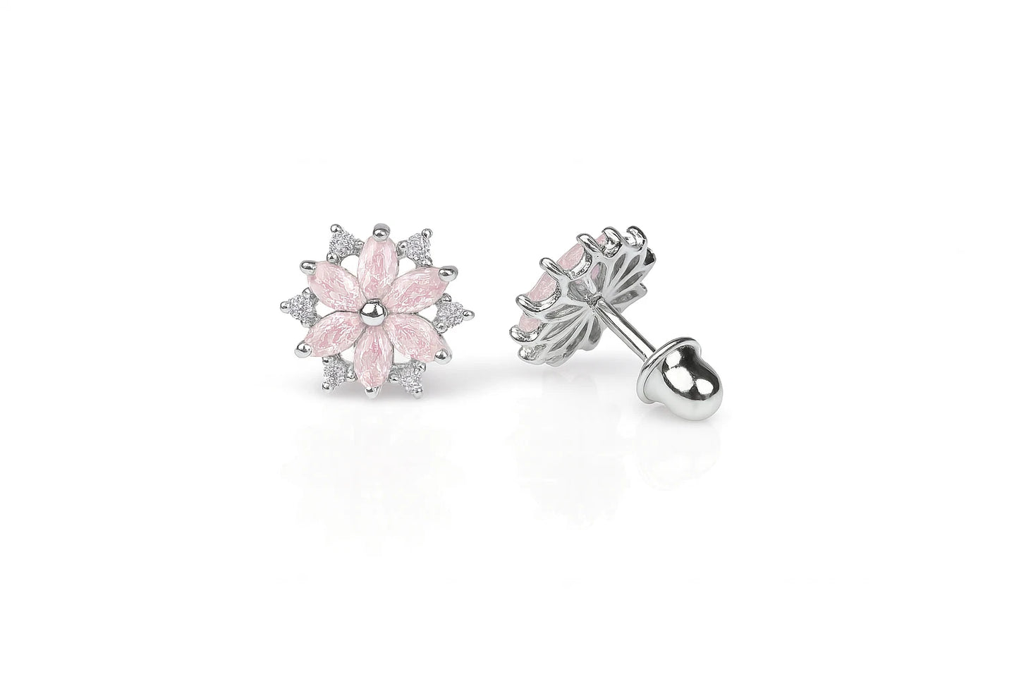 14K White Gold Beautiful CZ Flower Stud Earrings for Women