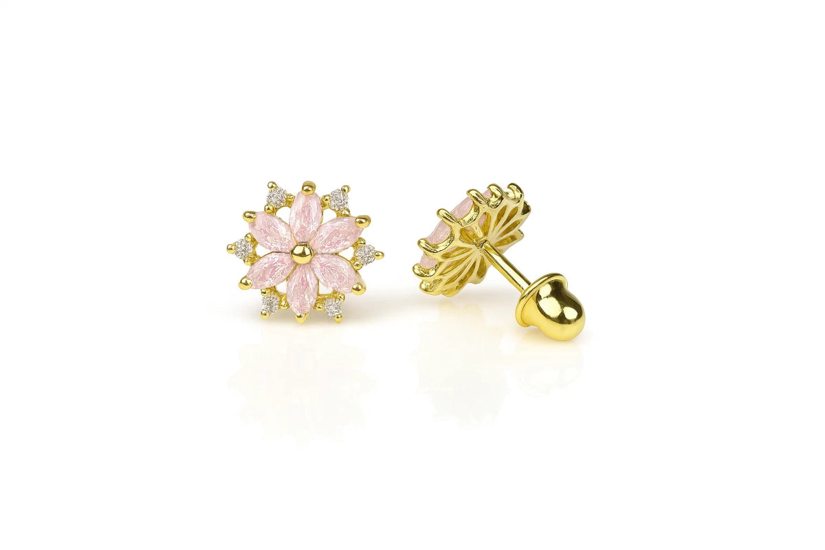 14K Yellow Gold Beautiful CZ Flower Stud Earrings for Women