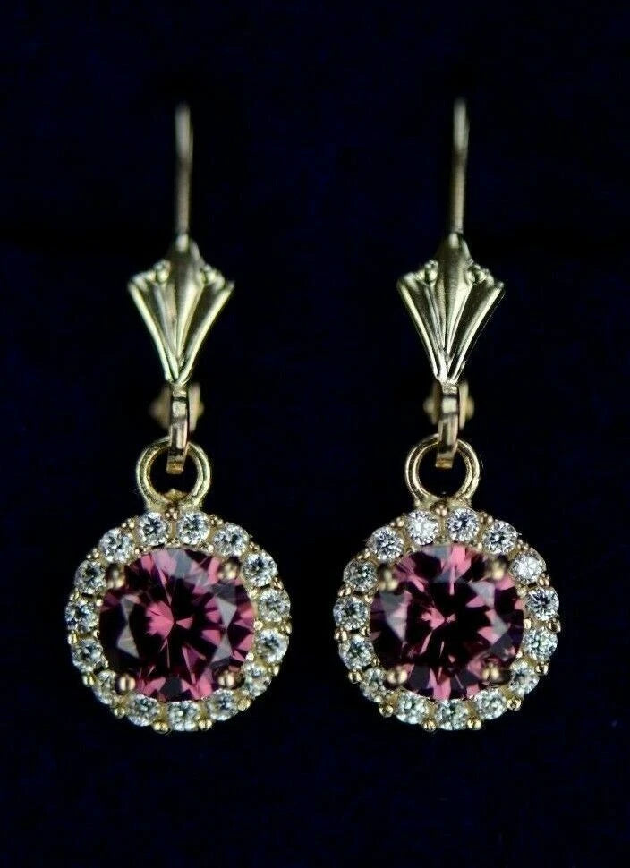 14k Yellow Gold Halo Dangle Round Leverback Pierced Earrings Birthstone