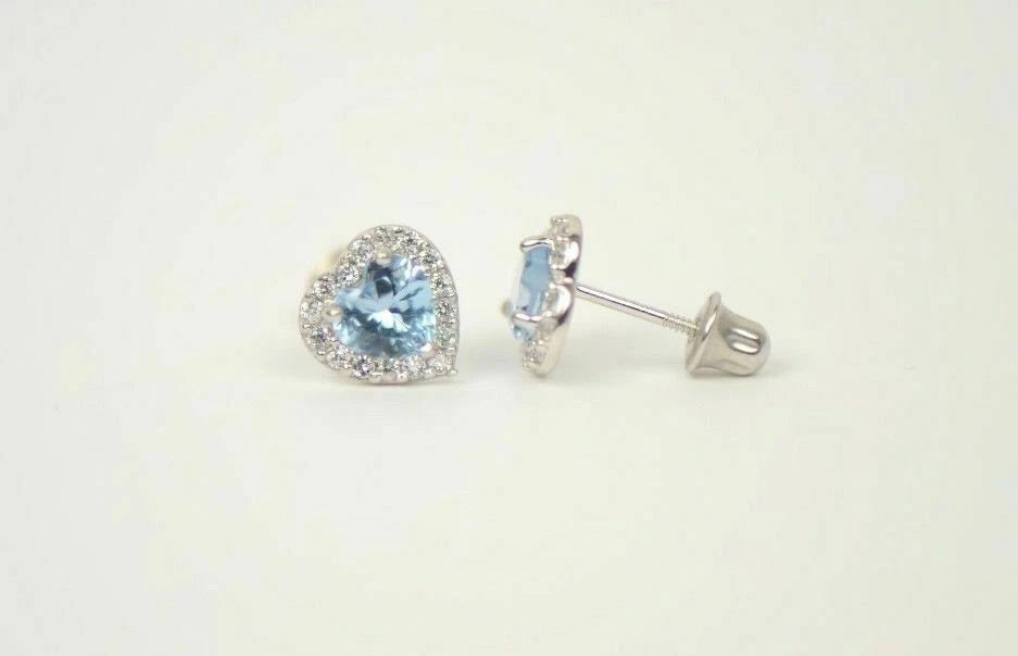 14K White Gold Halo Heart CZ Stud Earrings Screw Back