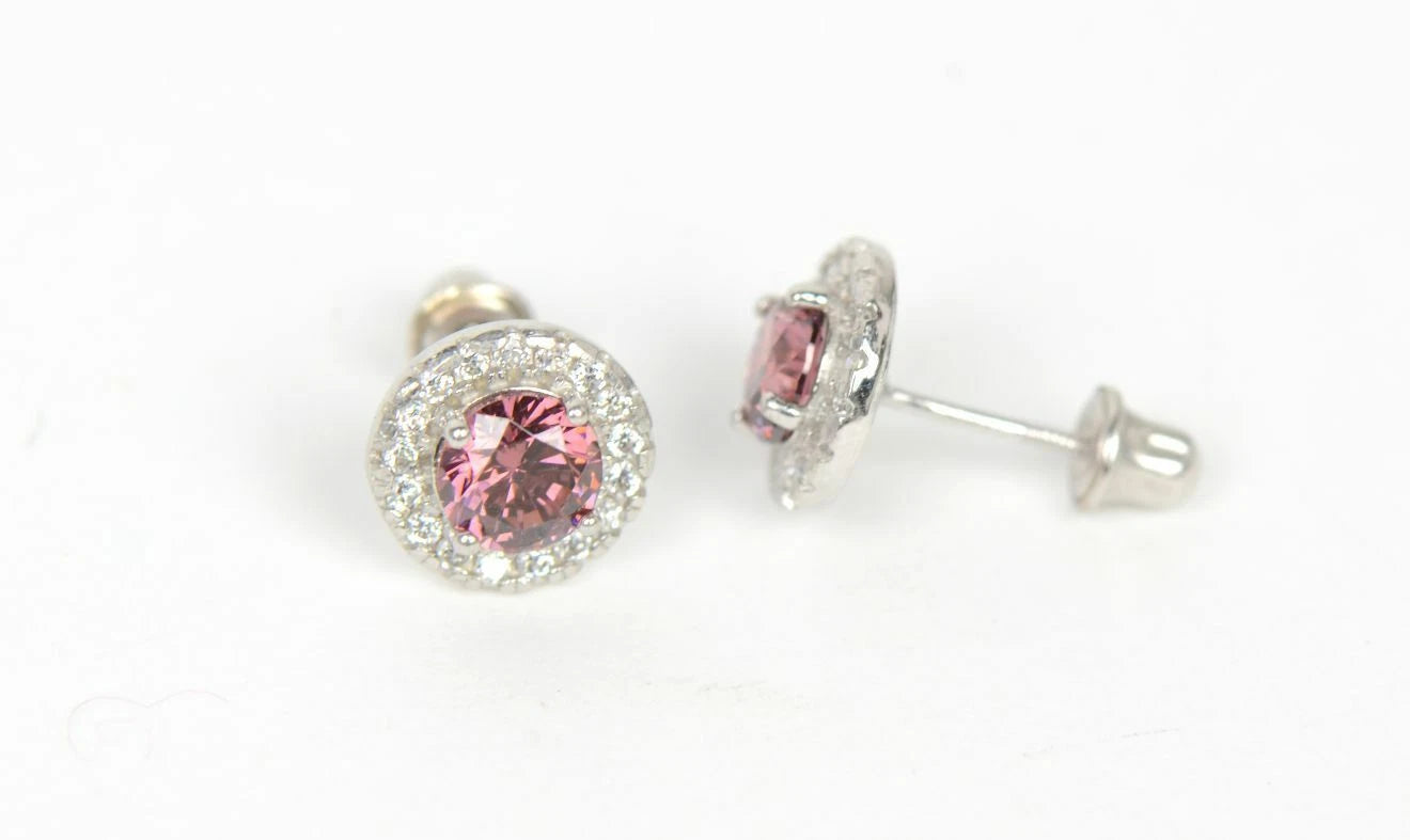 14K Solid White Gold Halo Stud CZ Screw Back Earrings