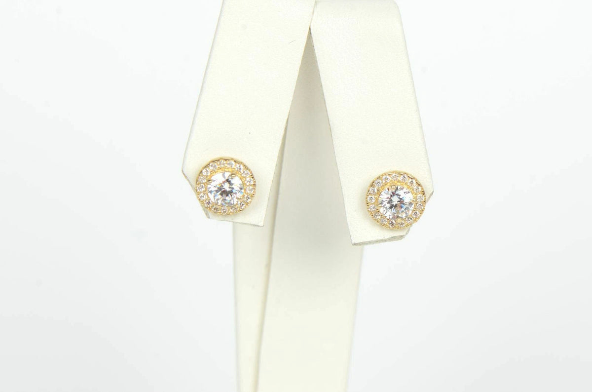 14K Yellow Gold Halo Stud Screw Back Earrings