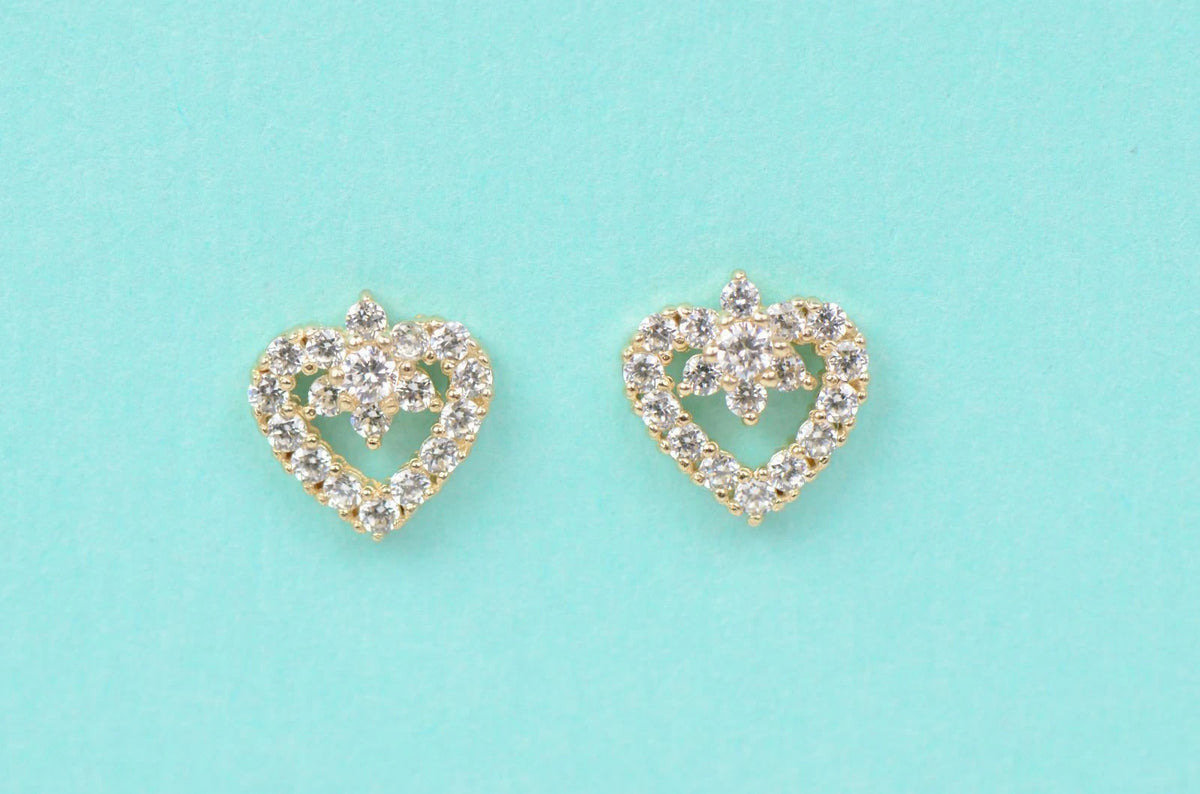 14K Yellow Gold Stud Heart Shape CZ Stud Earrings