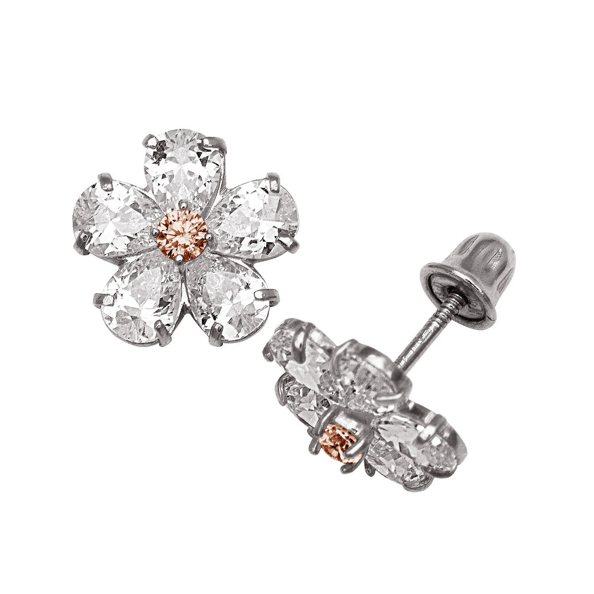 14k Yellow & White Gold CZ Flower Birthstone Stud Screw Back Earrings for Women