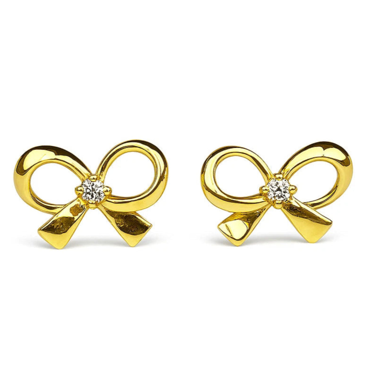 14k Yellow & White Gold CZ Cute Bow Tie Screw Back Stud Earring for Girls & Kids