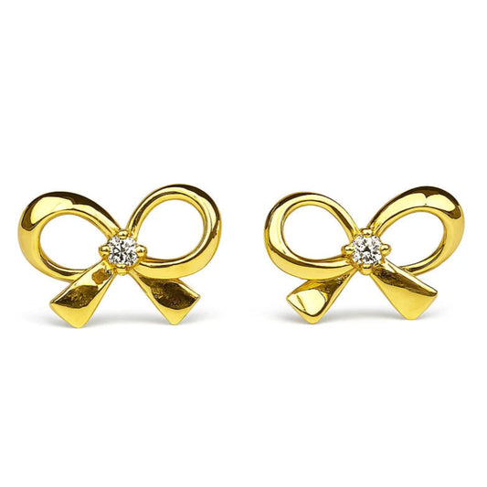 14k Yellow & White Gold CZ Cute Bow Tie Screw Back Stud Earring for Girls & Kids