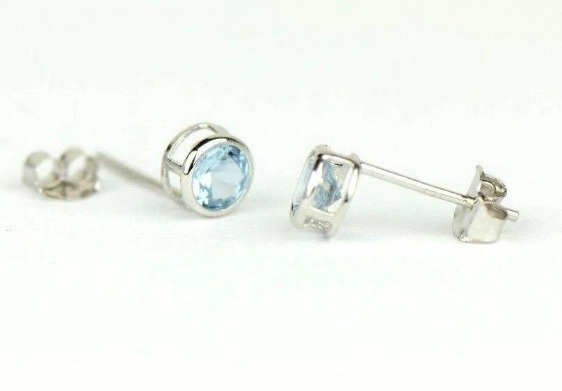 14K Round Bezel 4mm Set White Gold Birthstone Earrings