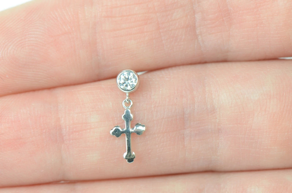 14K Yellow White Gold Cubic Zirconia CZ Cross Dangle Earrings