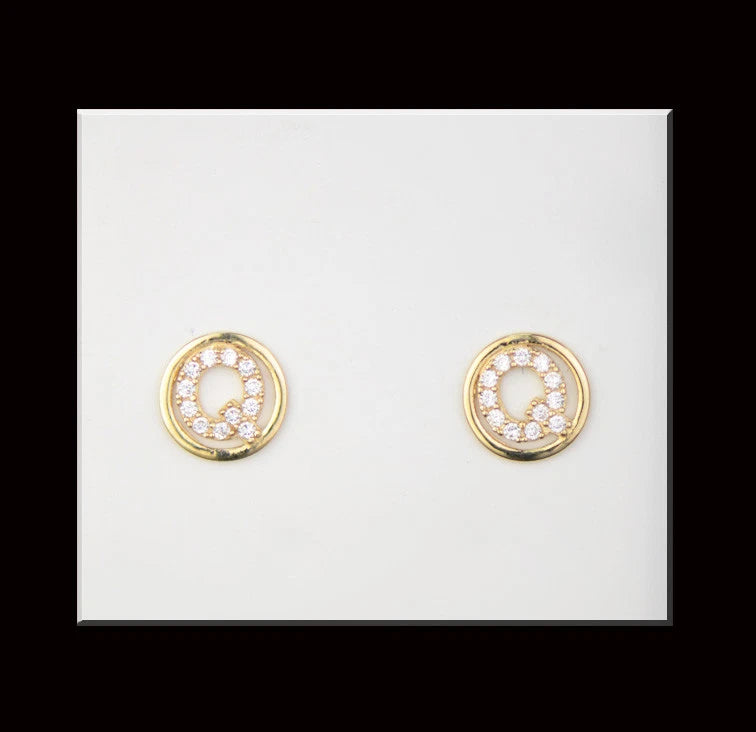 14k Yellow or White Gold Round Initial Letters CZ Stud Earrings