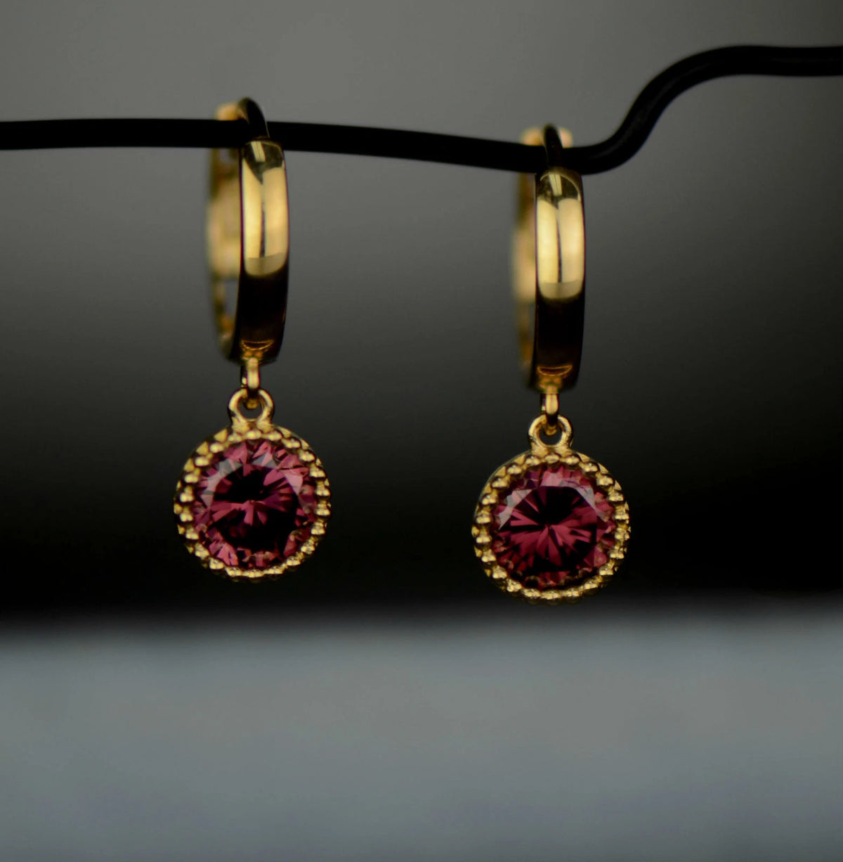 14k Yellow Gold Dangle Round Birthstone Huggie Earrings