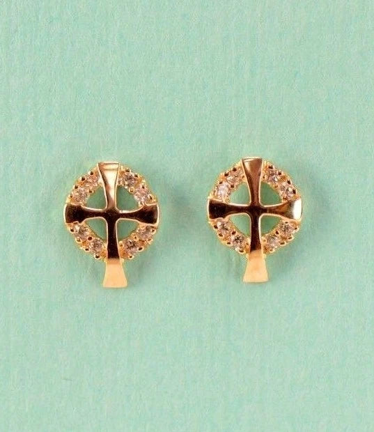 14K White or Yellow Gold Cross CZ Stud Earrings