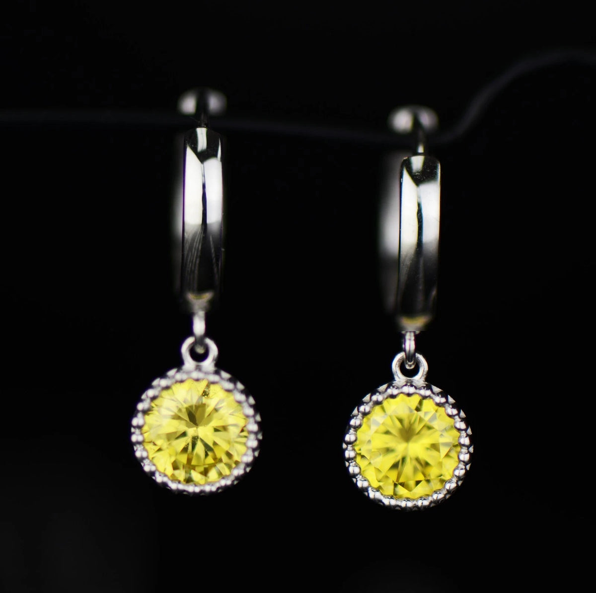 14k White Gold Dangle Round Birthstone Huggie Earrings