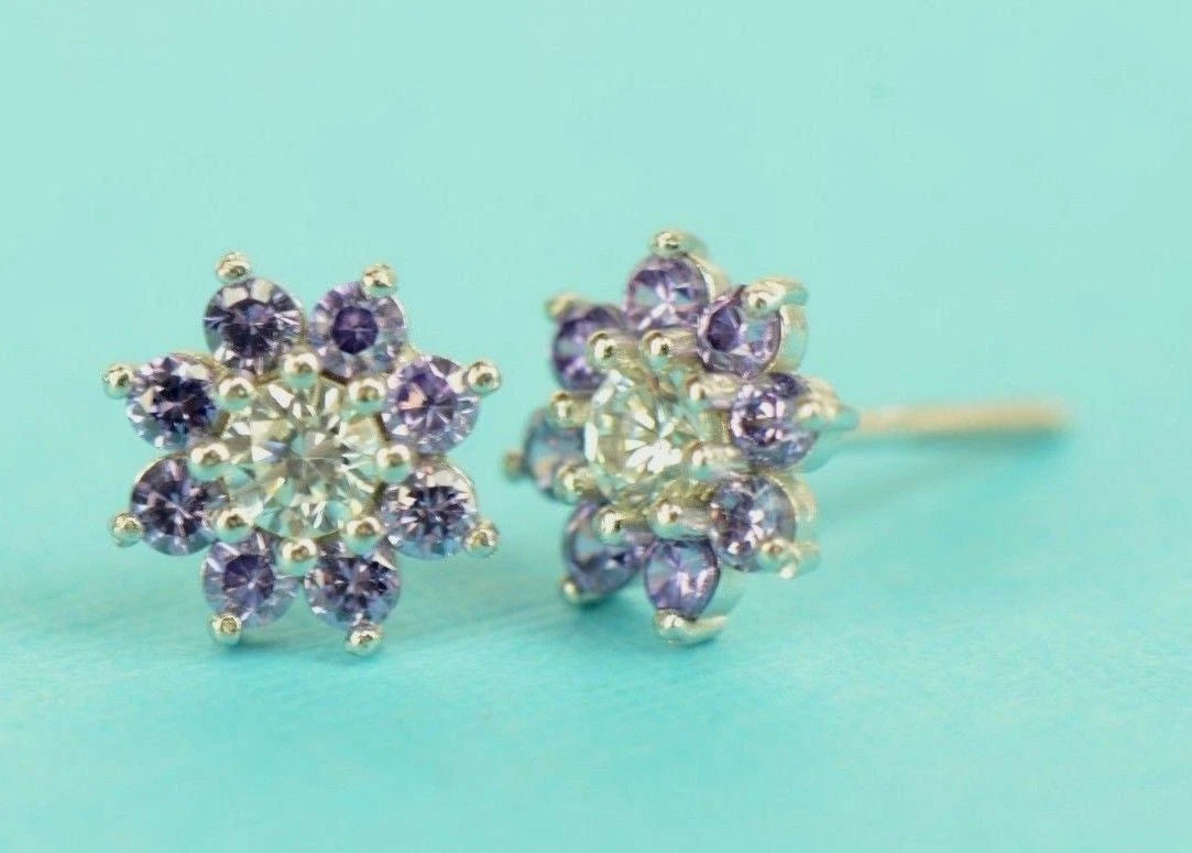 14k Yellow Gold Flower Stud Earrings with  Birthstone Screw Back