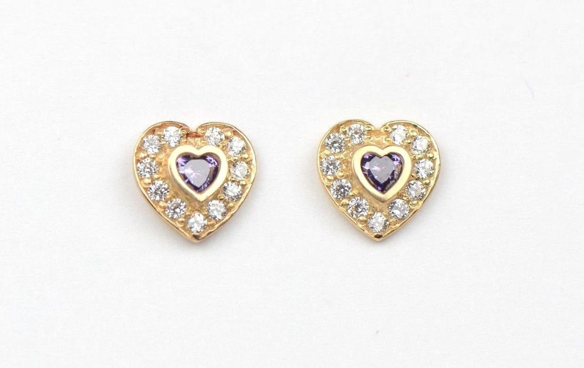14K Yellow Gold Birthstone Heart with CZ Stud Earrings Screw Back