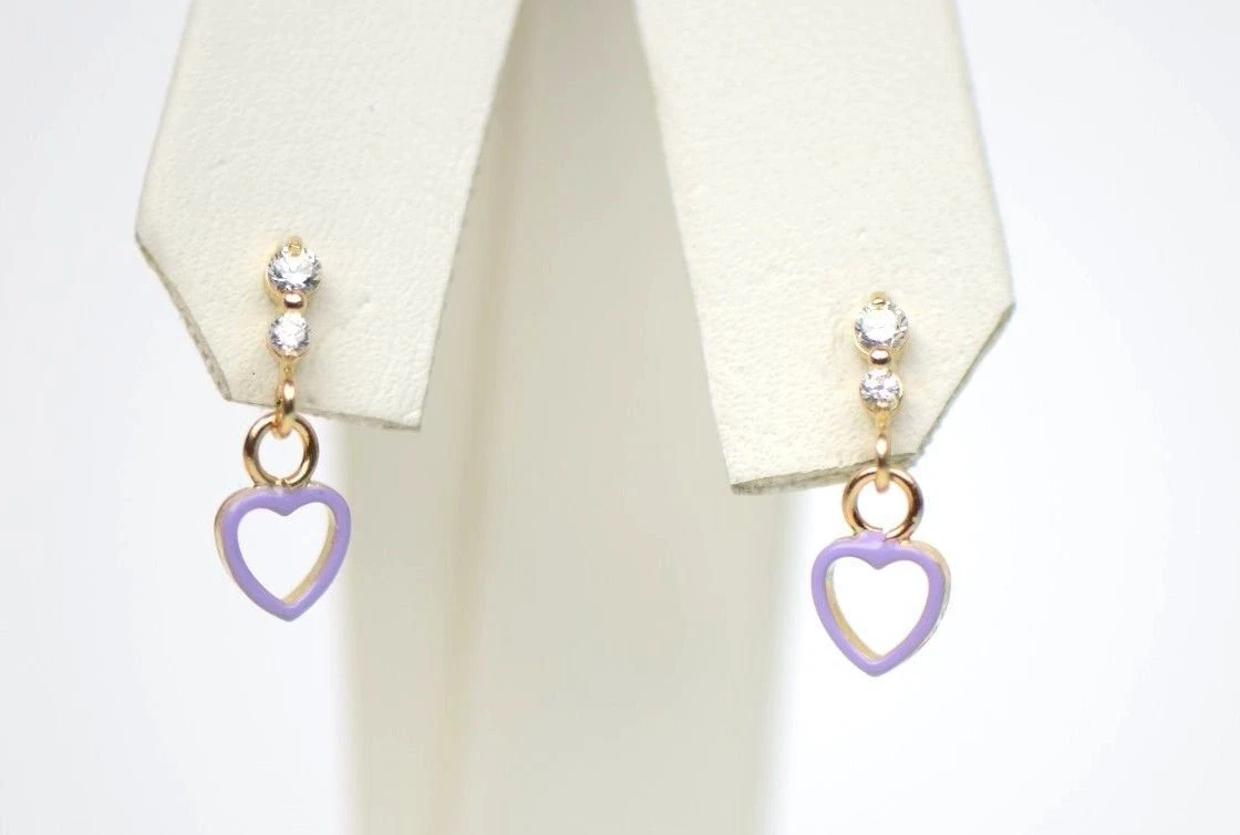 14K Solid Yellow Gold Heart Shape Dangle Earring with Enamel