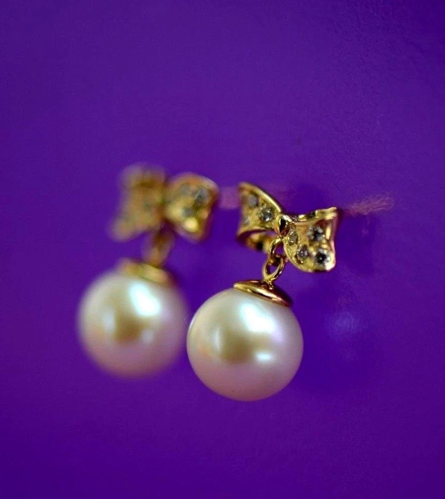 14k yellow white gold bow tie pearl cz stud earring freshwater