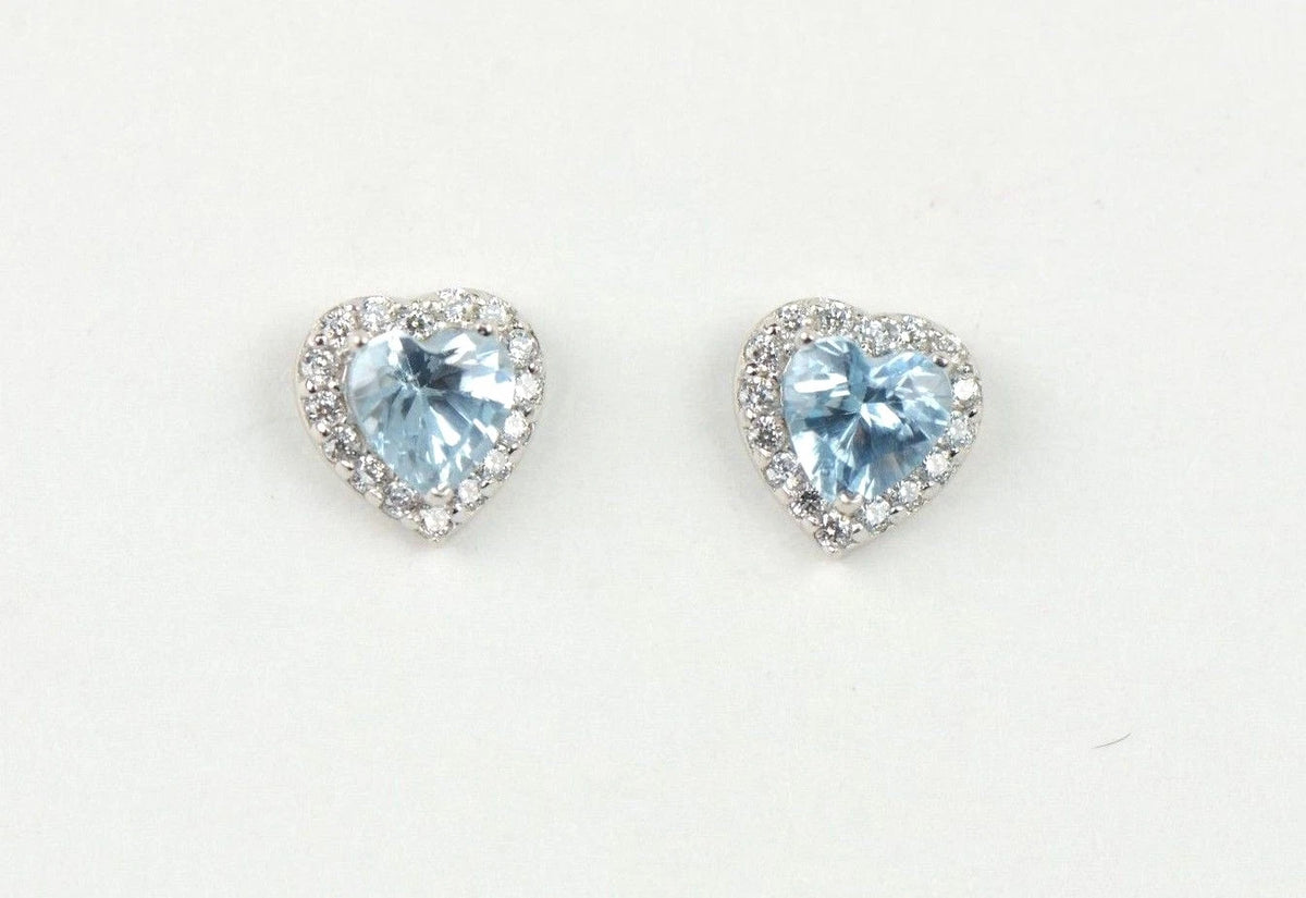 14k Solid White Gold Halo Heart Stud Earrings