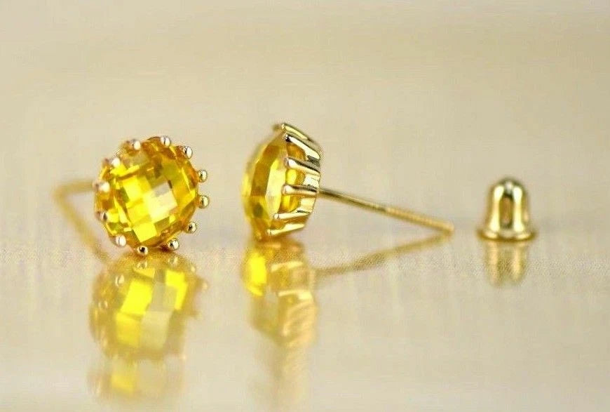 14k Solid Yellow Gold 6mm Round Birthstone Screw Back Earrings for Women