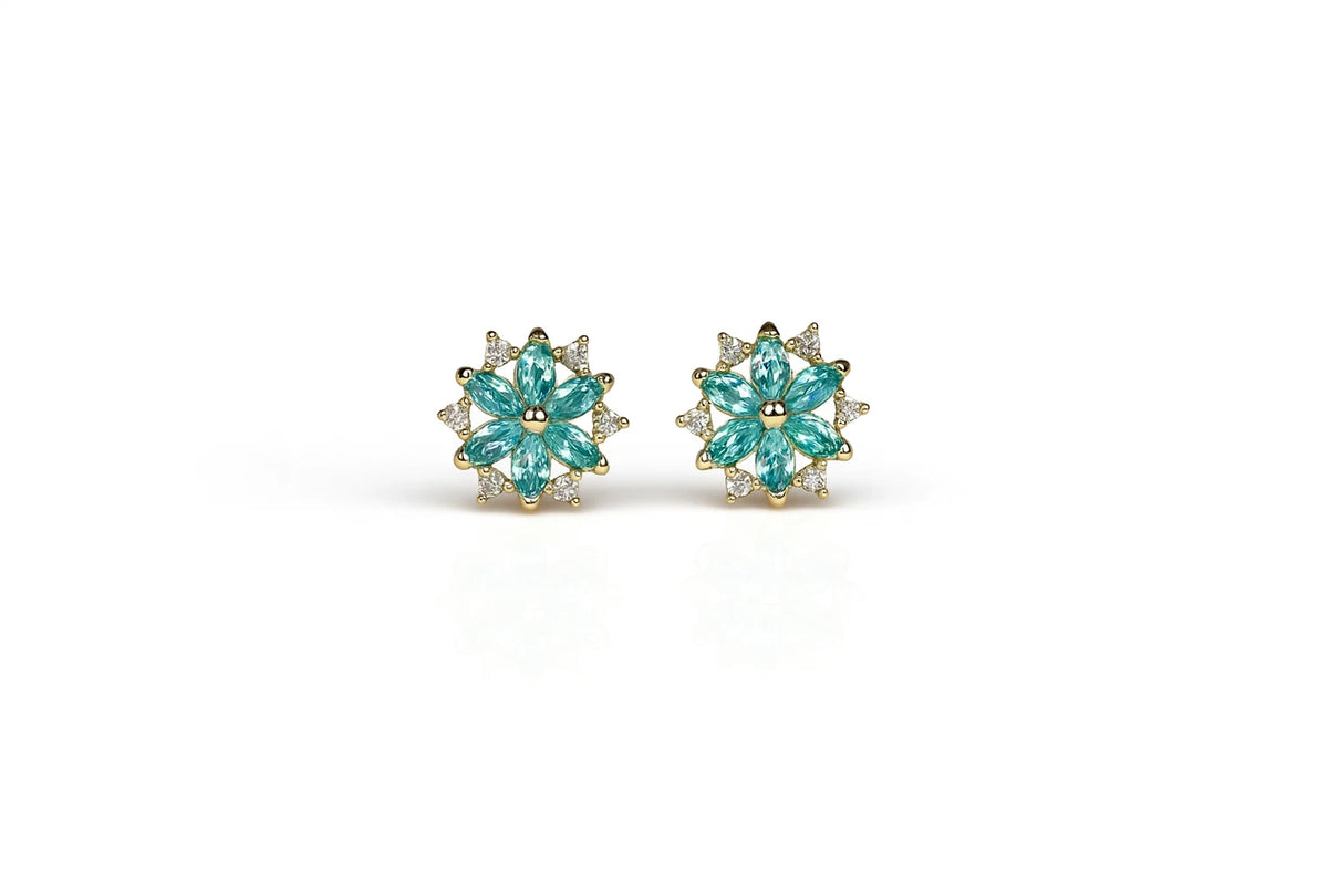 14K Yellow Gold Beautiful CZ Flower Stud Earrings for Women