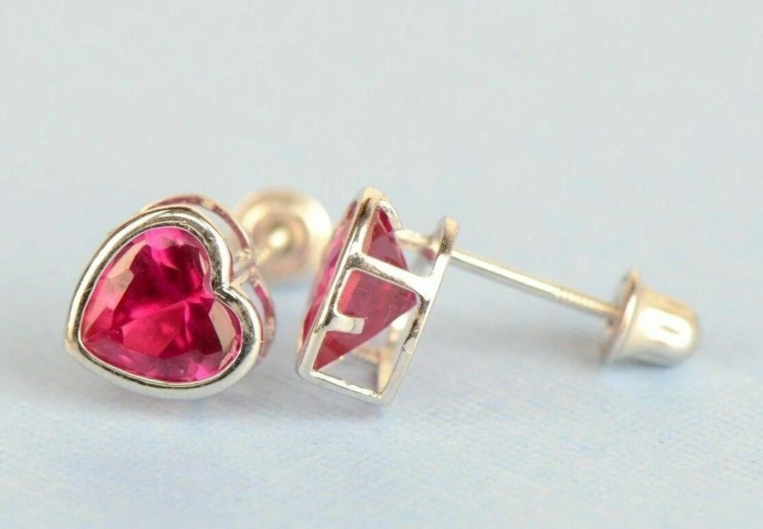 14k Solid White Gold Heart Birthstone Stud Earrings 6mm X 6mm