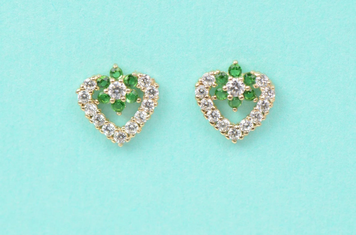 14K Yellow Gold Stud Heart Shape CZ Stud Earrings