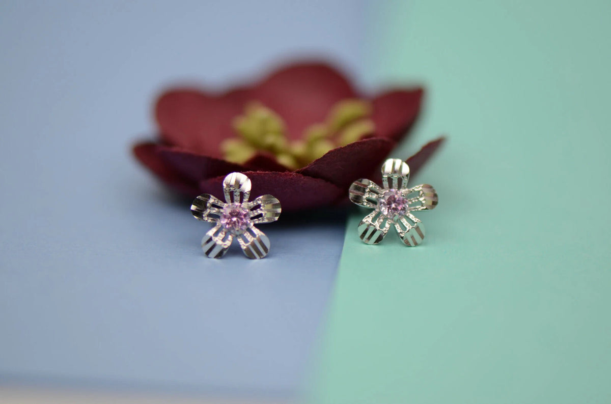 14k White Gold Flower Stud CZ Earrings