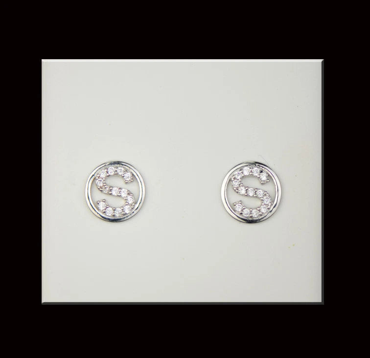 14k Yellow or White Gold Round Initial Letters CZ Stud Earrings