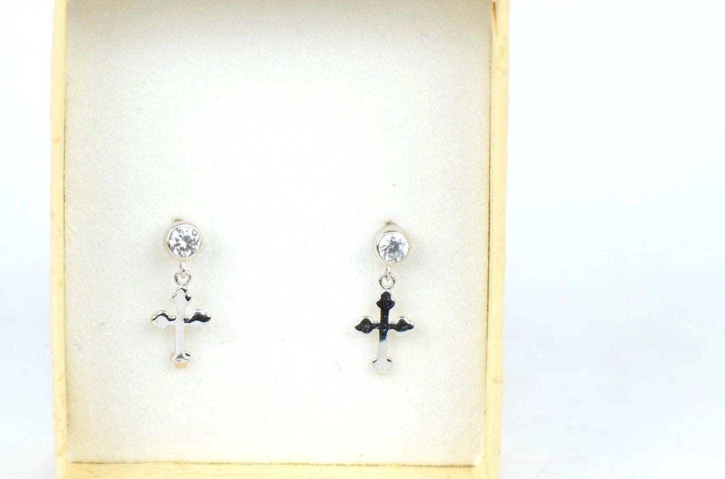 14K Yellow White Gold Cubic Zirconia CZ Cross Dangle Earrings