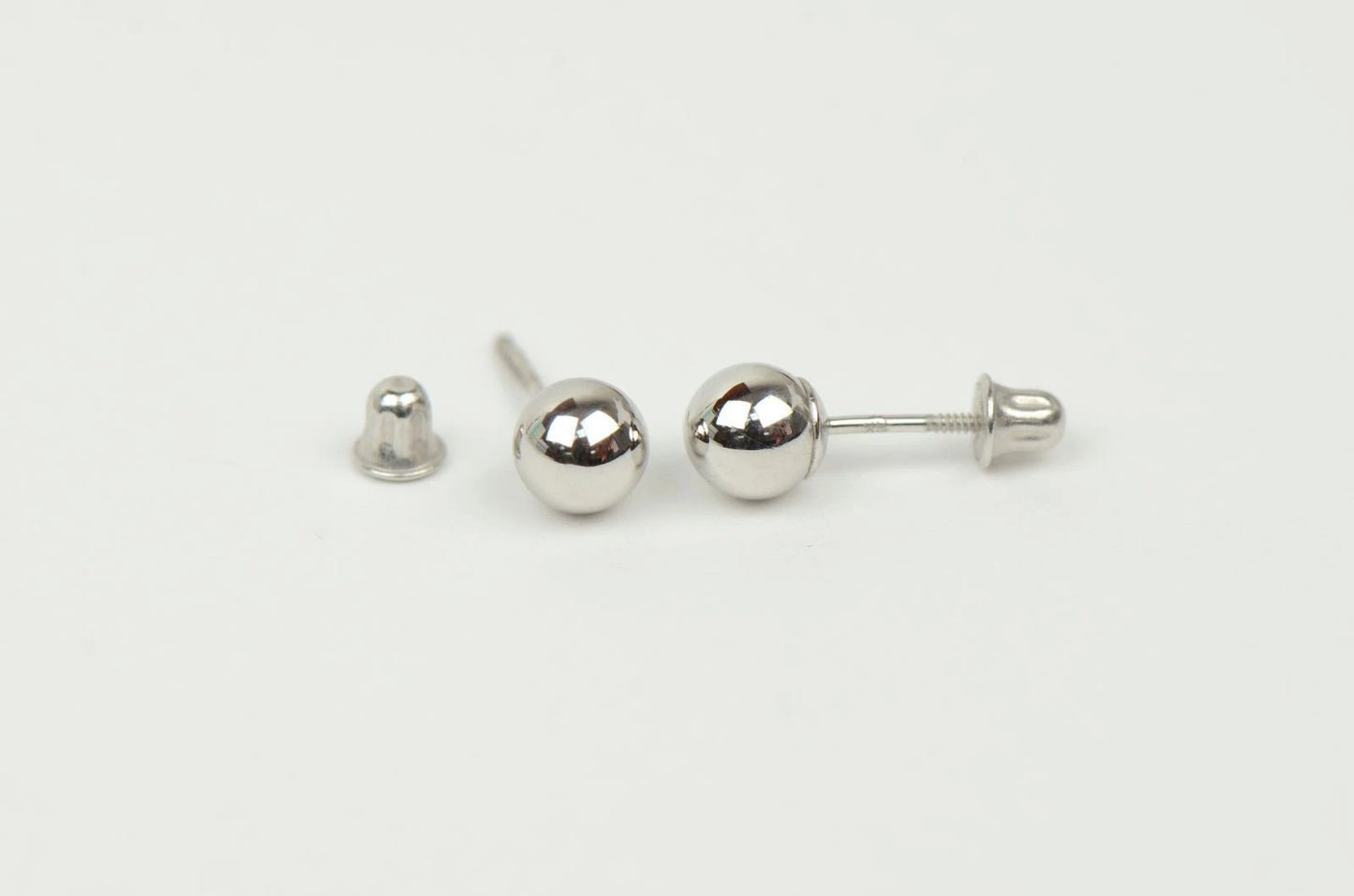 14k White Gold Ball stud earrings with screw back round High Polish