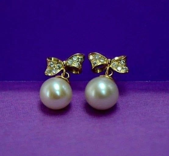 14k yellow white gold bow tie pearl cz stud earring freshwater
