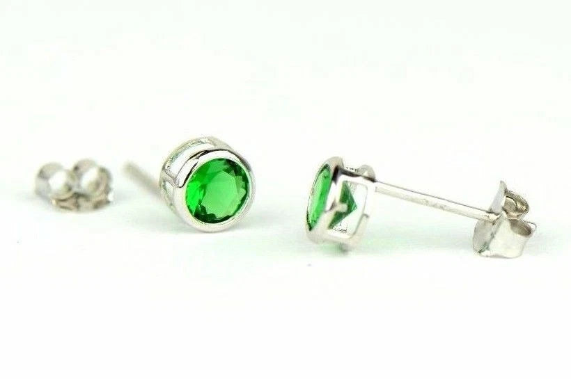 14K Round Bezel 4mm Set White Gold Birthstone Earrings