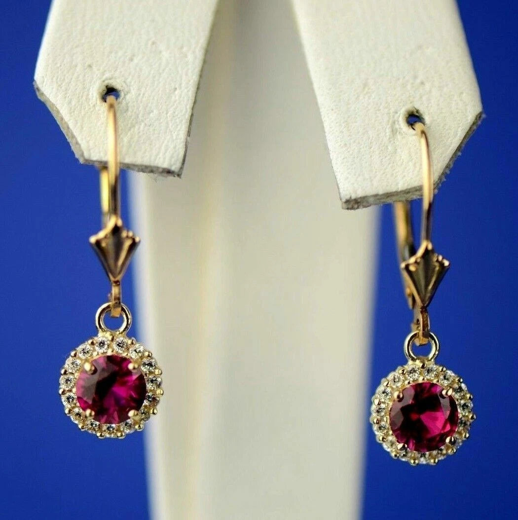 14k Yellow Gold Halo Dangle Round Leverback Pierced Earrings Birthstone