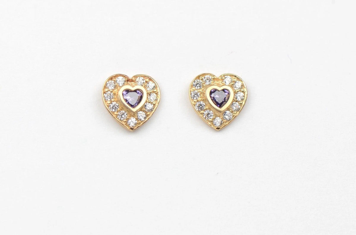 14K Yellow Gold Birthstone Heart with CZ Stud Earrings Screw Back