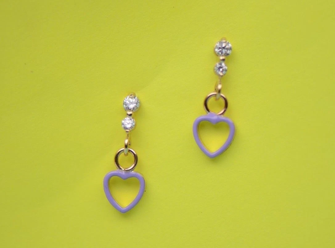 14K Solid Yellow Gold Heart Shape Dangle Earring with Enamel