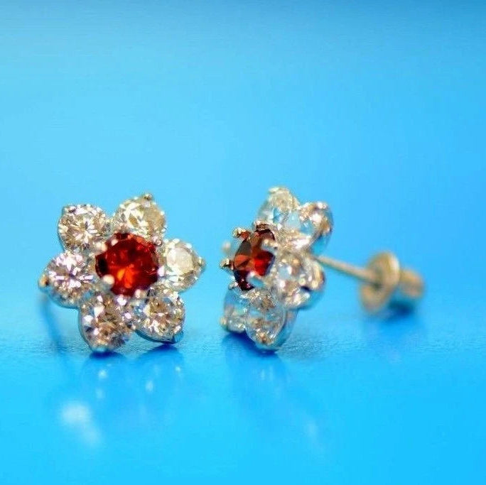 14k White Gold Flower Stud CZ Earrings screw back