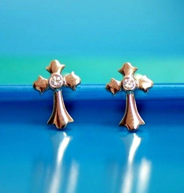 14K White Yellow Gold Cross CZ Earrings