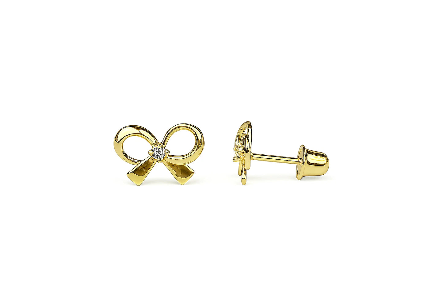 14k Yellow & White Gold CZ Cute Bow Tie Screw Back Stud Earring for Girls & Kids
